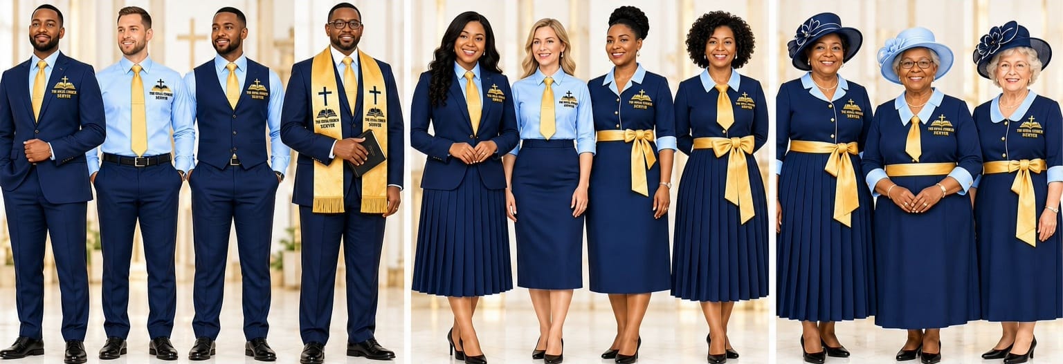 Les membres de The Social Church en tenues uniformes - hommes, femmes et grand-mamas